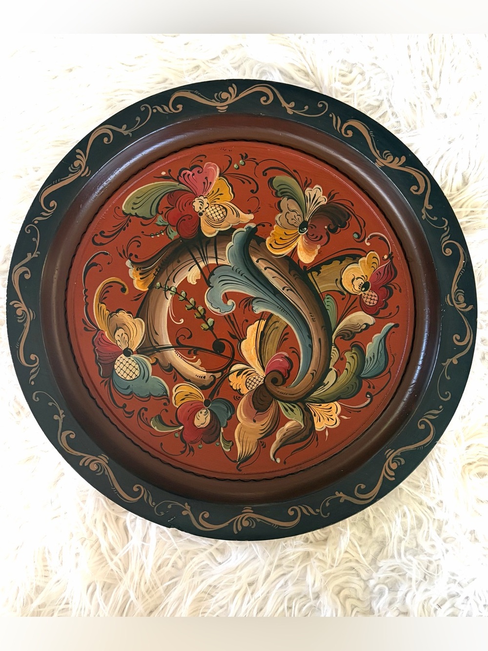 Vintage Hand Painted Scandinavian Rosemaling Wooden Wall Decor Tray Patina